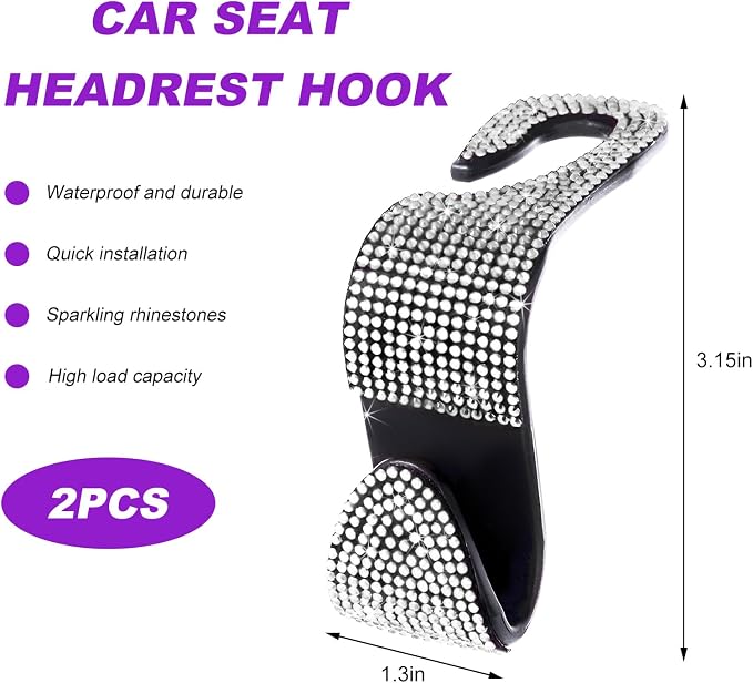 2 PCS Car Seat Headrest Hook, Crystal Rhinestone Seat Hanger Auto Interior Purse Holder, Bling Vehicle Backseat Hangers for Grocery Bags Handbags Coats, Car Accessories (Silver)