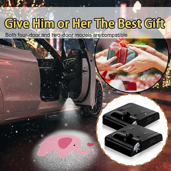2PCS Elephant Car Door Lights Projector,Wireless LED Welcome Puddle Lights,Magnetic Logo Projector Door Light Decor Car Accessories Elephant Gifts for Women Men,Suitable for All Vehicles Motorcycle