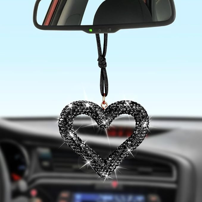 Bling Heart Car Hanging Accessories, Car Accessories for Women, Bling Rear View Mirror, Universal Bling Heart Diamond Car Accessories for Cars, Trucks, SUVs (Black)