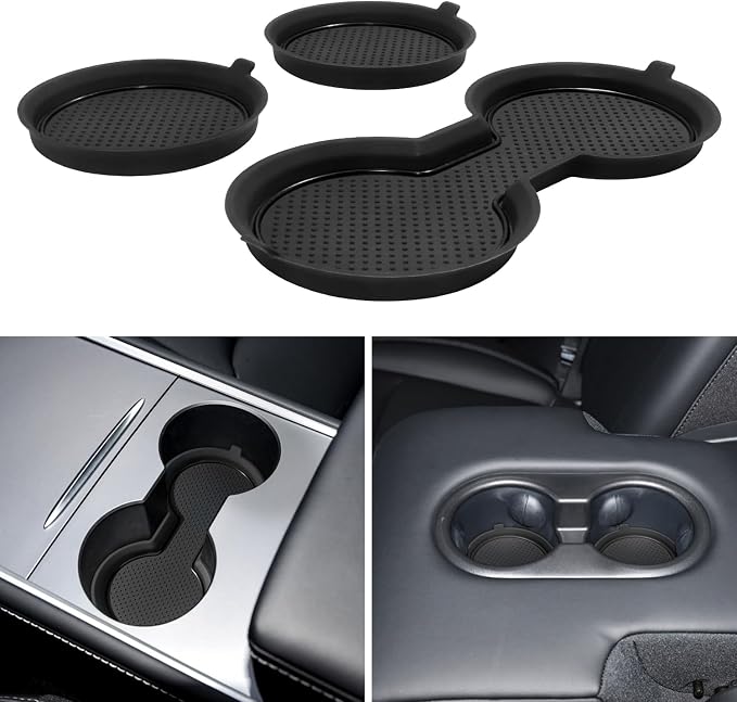 for Tesla Model 3 Accessories 2021-2023 Model Y 2021-2024 2025 Cup Holder Inserts Center Console Liner Coasters Mat Pad Interior Decoration 3D Silicone (Black Trim, 3 pcs)
