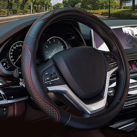 Valleycomfy Leather Steering Wheel Covers Universal 15 inch -Breathable, Anti Slip & Odor Free (Black with Red Lines,M(14" 1/2-15" 1/4))