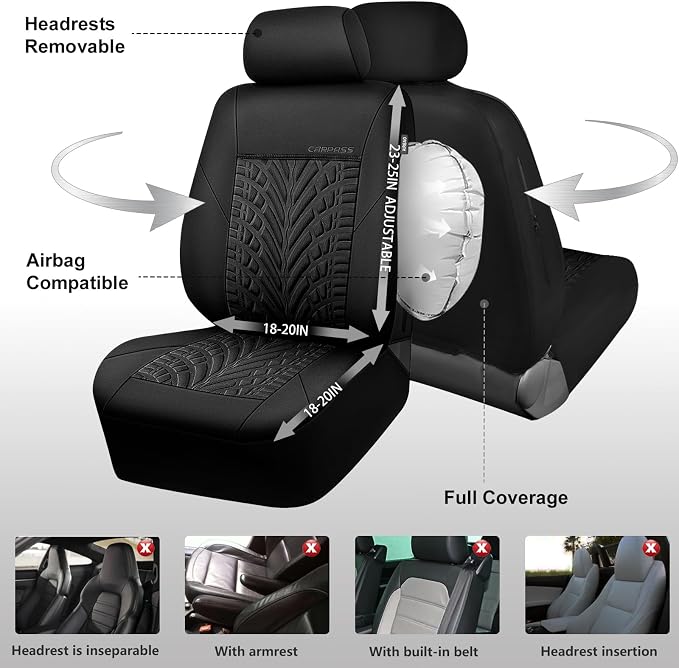 CAR PASS Neoprene Waterproof Seat Covers Full Sets, Wetsuit Car Seat Covers 5 Seats Universal Fit for Vans, Truck, SUV, 3D Tyre Embossed Seat Covers Anti Slip with Armrests, Aibag Compatible(Black)