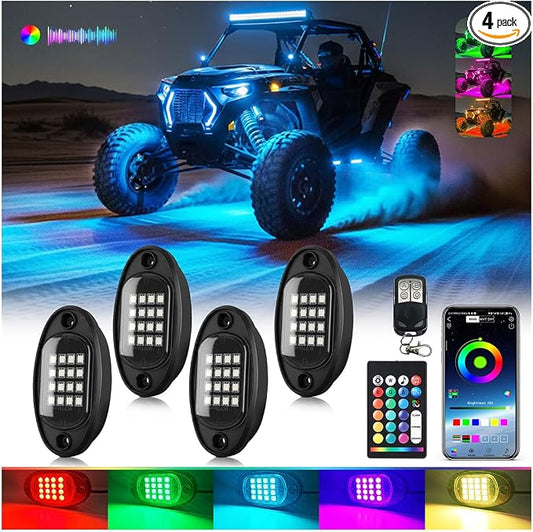 4Pods Segmented RGB LED Rock Lights Kit for ATV UTV 4 Wheeler Can-Am SXS RZR Side By Side Offroad Golf Cart with APP/RF Remote, Multicolor Bright Underglow Light Waterproof Vehicle Music 12V Underbody