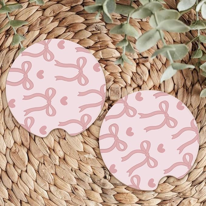 Ceramic Car Coasters – Absorbent Car Cup Holder Coaster Set for Women, Cute Aesthetic Car Accessories for Girls, 2 Pack (Peach)
