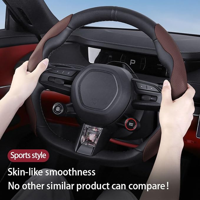 Car Steering Wheel Cover, O/D Shape, Nappa Leather, Segmented, Anti-Slip, Odorless, Breathable, for Men & Women, 14-15inch (Coffee)