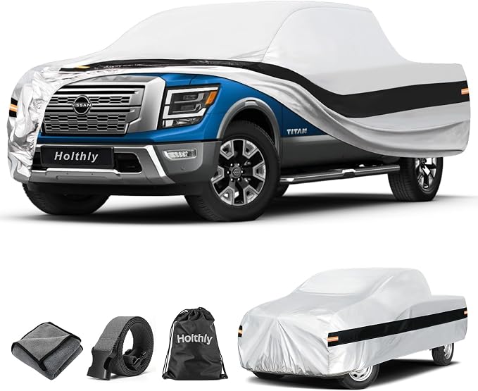 10 Layers Truck Cover Waterproof All Weather Custom Fit Nissan Titan(2015-2026) Crew Cab Short Bed, Outdoor Full Exterior Pickup Car Cover for Automobiles Sun Rain Snow Ice Protection. Sliver