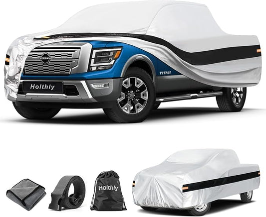 10 Layers Truck Cover Waterproof All Weather Custom Fit Nissan Titan(2015-2026) Crew Cab Short Bed, Outdoor Full Exterior Pickup Car Cover for Automobiles Sun Rain Snow Ice Protection. Sliver