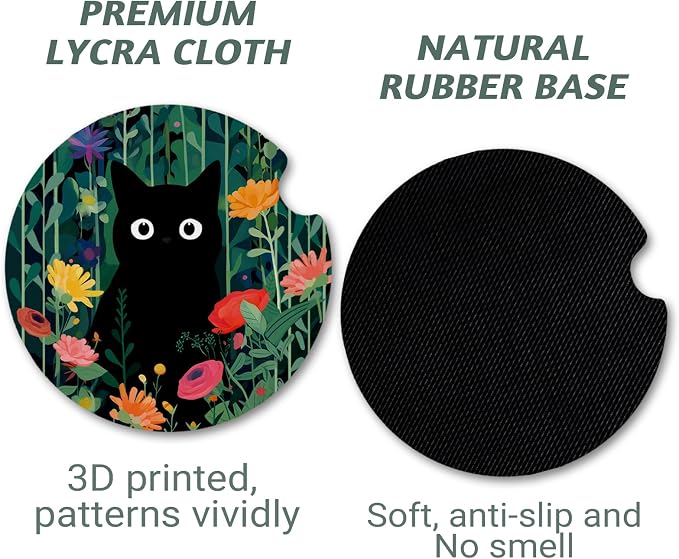 Yonlevres Car Coasters for Cup Holders，2.75" Anti Slip Rubber Mat with A Finger Notch, 2 Pack Car Cup Holder Coasters for Car Interior Accessories for Women Men Flower Balck Cat