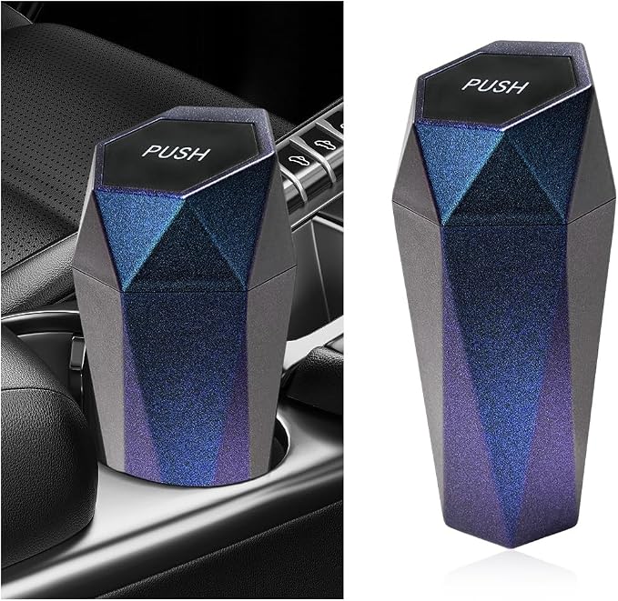 Car Trash Can with Lid, Diamond Design Leakproof Vehicle Cup Holder Garbage Can, Waterproof Trash Bin Mini Portable Garbage Organizer for Cars Homes Offices Bedrooms (Blue & Purple)