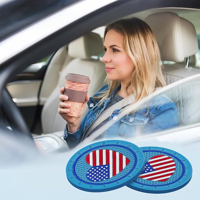 AUCELI 4 Pack Car Cup Holder Coasters, Colored American Flag US Flag Insert Car Cup Coaster, 2.75 Inch Anti Slip Shockproof Embedded Drink Mat, Vehicle Interior Decor Accessories