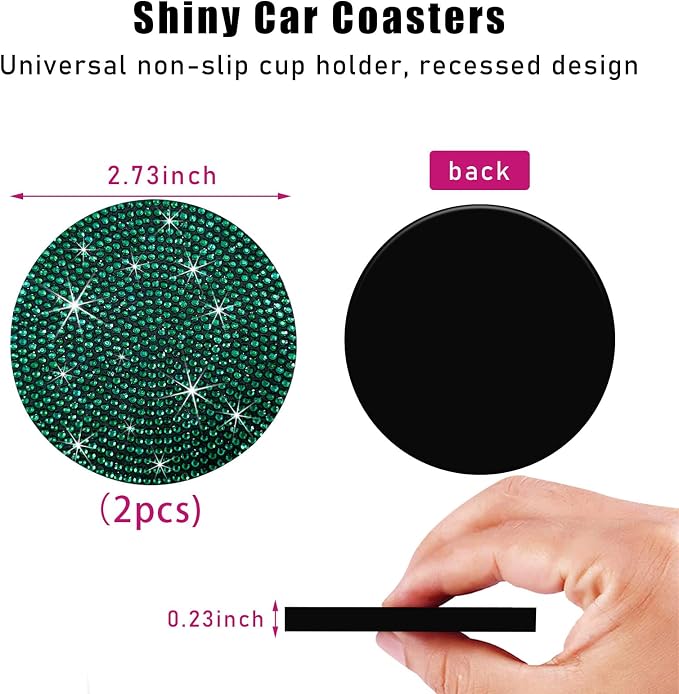 Ziciner 2PCS Bling Car Cup Holder Coaster, 2.73 Inch Anti-Slip Cup Insert Coasters, Crystal Rhinestone Auto Drink Cup Mat, Universal Interior Decor Car Accessories for Women Girls (Green)