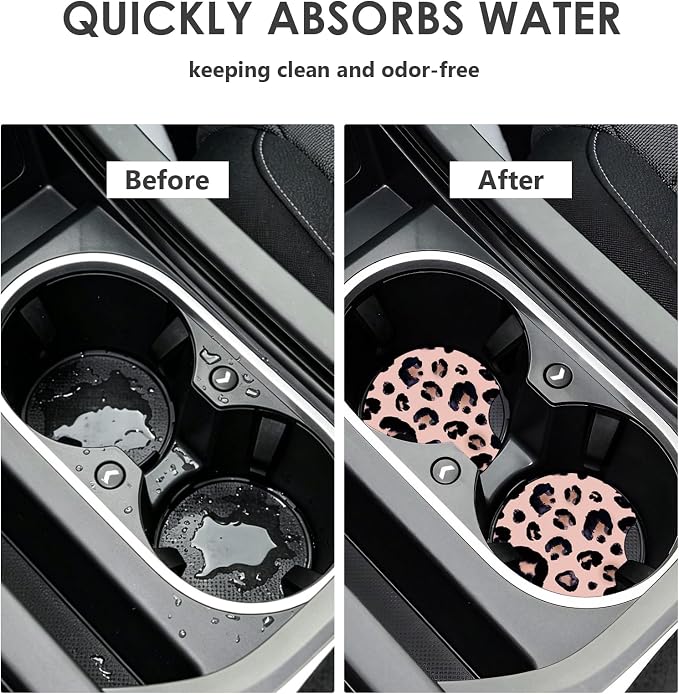 2 Pack Car Coasters，2.75-inch Neoprene Non-Slip Cup Holder Coasters for Car，Cute Car Interior Accessories for Men and Women，Leopard Print