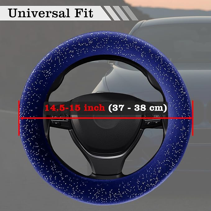 Blue Bling Starry Sky Furry Steering Wheel Cover, Universal 14.5-15 Inch Winter Plush Warm Steering Wheel Cover, Soft Fluffy, Anti-Slip Design, Soft Texture