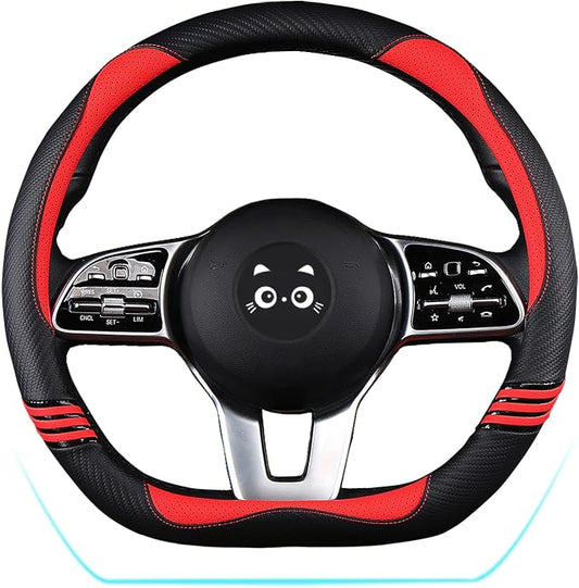Iwantit® D-Shape Steering Wheel Cover, PU Leather with Anti-Slip Rubber Ring, Steering Wheel Protector, Universal Fit 14.5-15 inches for Cars,SUV (Red/Black D-Shape)