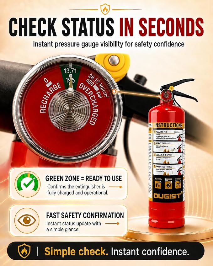 Ougist Essential Fire Extinguisher for Home, 1-A:10-B:C, DRY1L, 2 Pack | Residential multi-purpose extinguisher for small household, kitchen, garage and vehicle fires; 2.5 lb, dry chemical