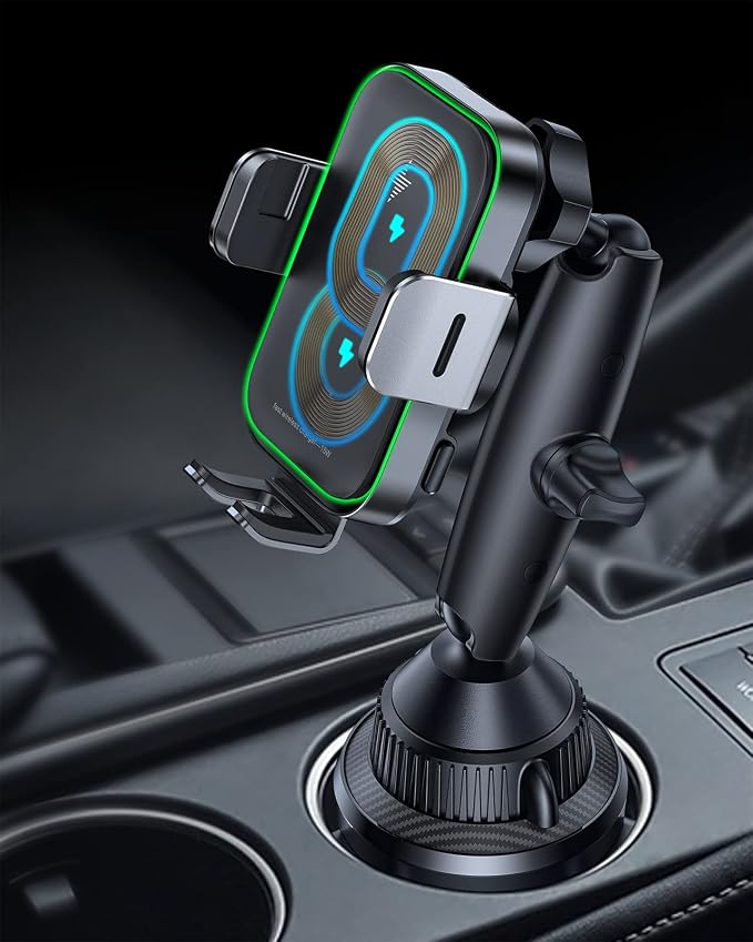 APPS2Car Dual Coil Wireless Car Charger Auto Clamping 15W Cup Holder Phone Wireless Charging Mount Tri-Pivots Height Adjustable Fast Charge for Cars, SUVs & Trucks, for iPhone 12-17, Samsung, etc.