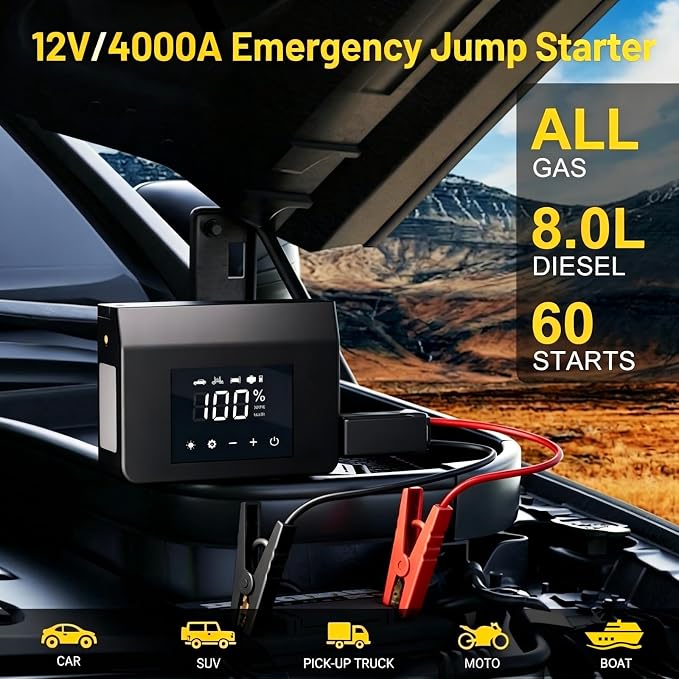 Eleacc Portable Jump Starter with Air Compressor, 4000A 12V Car Battery Jump Starter(All Gas/8.0L Diesel), Jump Box with 150PSI Auto-Shutoff Tire Inflator, 15000mAh Power Bank, LED&Type-C Fast Charge