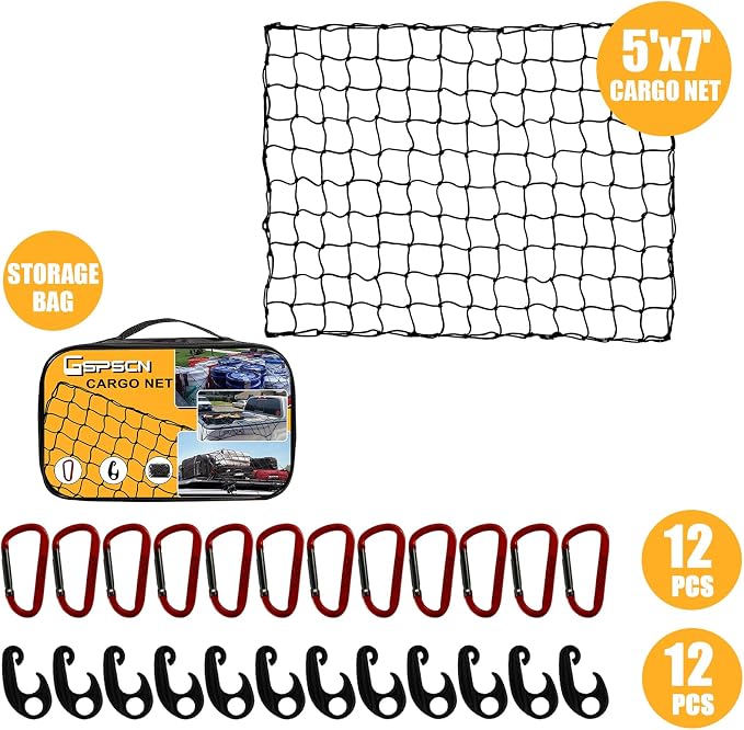 GSPSCN Truck Cargo Net 7' x 5' for Pickup Bed, Trailer,Boat,RV SUV Stretched to 15'x21' Max Heavy Duty Roof Rack Net,5”x5” Mesh Netting w/24 Clip Carabiners Car Organizer Net for Large Loads