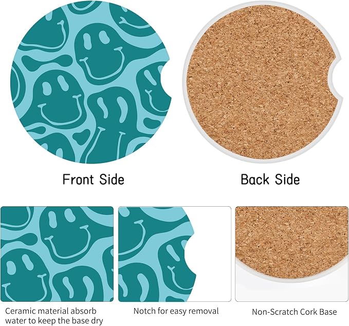 Car Coasters,Purple Smily Absorbent 2 Pack for Cup Holders with Finger Notch,2.56 inches Ceramics Heat Resistant Anti Slip Cork Base Car Drinks Coasters Auto Cup Holder(Blue-Green Smiley face)
