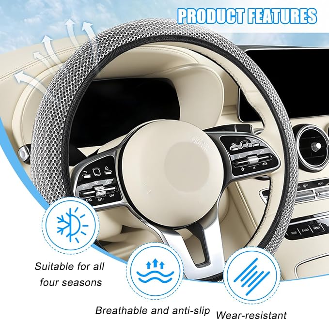 Elastic Stretch Car Steering Wheel Cover, Soft Breathable Ice Silk Steering Wheel Protector, Anti-Slip Automotive Interior Accessories, Universal for Sedan, Truck, Van (Silver Tone)