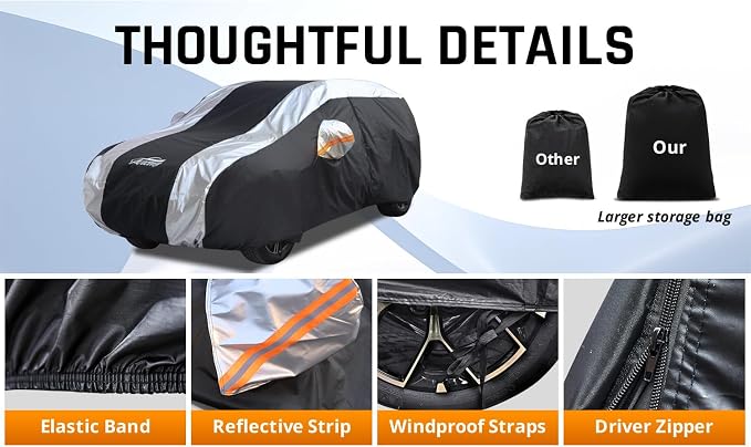 SUV Car Cover Waterproof All Weather Protection with Silver Stripe Design,Universal Fit Toyota RAV4, Honda CRV, Tesla Model Y, Audi Q5, Nissan Rogue, Mazda CX-5, Kia Sorento,Hyundai Sante Fe