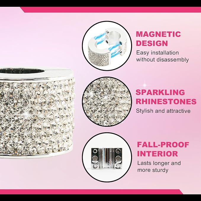 Rislobx 2PCS Magnetic Car Headrest Collars, Rhinestone Car Head Rest Collars Rings Decor, Bling Car Accessories for Women, Interior Decor Car SUV Truck (White)