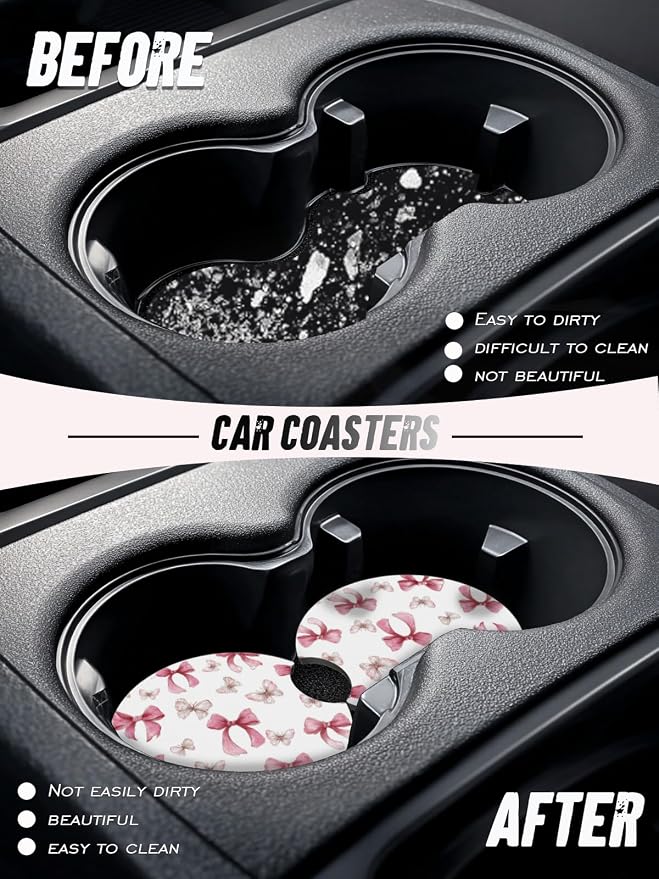 Car Cup Coasters,2 Pack Car Coaster,2.75inch Anti Slip and Absorbent Cars Coasters for Cup Holders,Car Accessories for Women,Cute Decor for Women (Butterfly Bowknot)