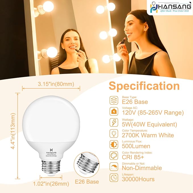 8 Pack Vanity Light Bulbs for Bathroom, 2700K Warm White E26 Base Round LED Globe Bulb, 40W Equivalent, G25 Vanity Light Bulb for Makeup Mirror Bedroom 120V, CRI85+, 500LM, Non-dimmable