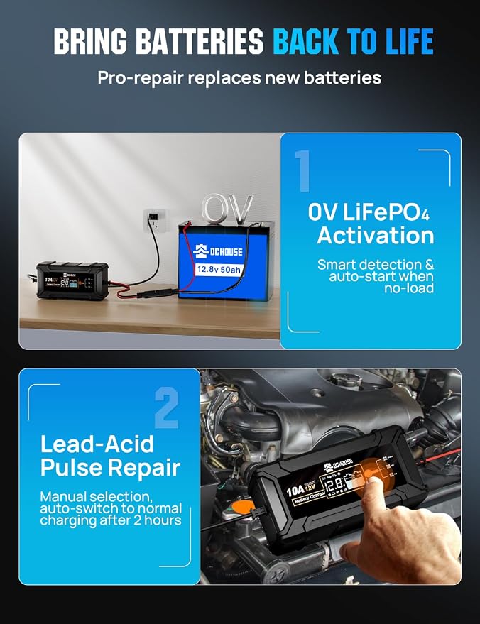 DC House 12V 10A LiFePO4 Battery Charger, Smart Trickle Charger Fully Automatic Maintainer Desulfator for Lead-Acid & LiFePO4 Batteries Car Motorcycle Truck Lawn Mower