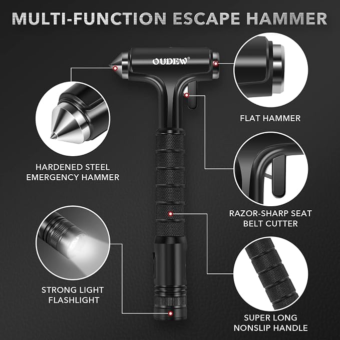 Car Safety Hammer, Car Glass Breaker with Seat Belt Cutter, Automotive Escape Tool with Lighting Function, Metal Window Breaker, Emergecy Safety Hammer for Auto Accidents (Black)
