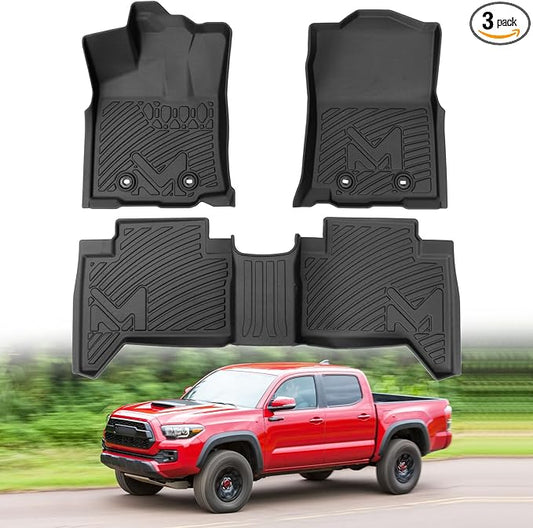Floor Mats & Floor Liners Custom for 2016-2023 Toyota Tacoma Double Cab (Only for Automatic), TPE Automotive All Weather Cover Protection Waterproof Black Front & Rear Row Full Set Car, 3PCS