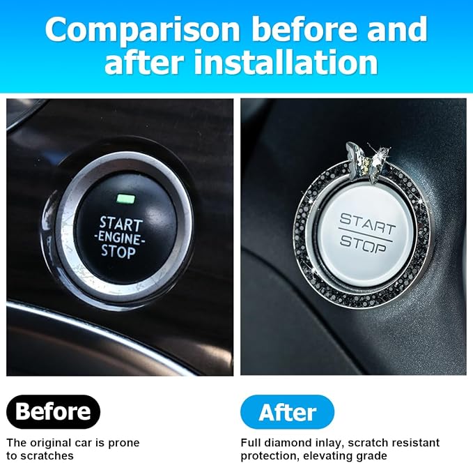 2PCS Bling Car Engine Start Stop Decoration Ring, Crystal Rhinestone Auto Push Start Button Ignition Ring Sticker, Vehicle Decor Accessories for Women Girls, Universal for Vehicles (Black)