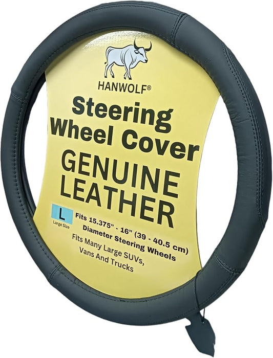 Steering Wheel Cover, Black, Real Genuine Leather, 16 inch, for Men and Women, Universal, Stretch On, Heat Resistant, Stays Cool, Non-Slip, HANWOLF