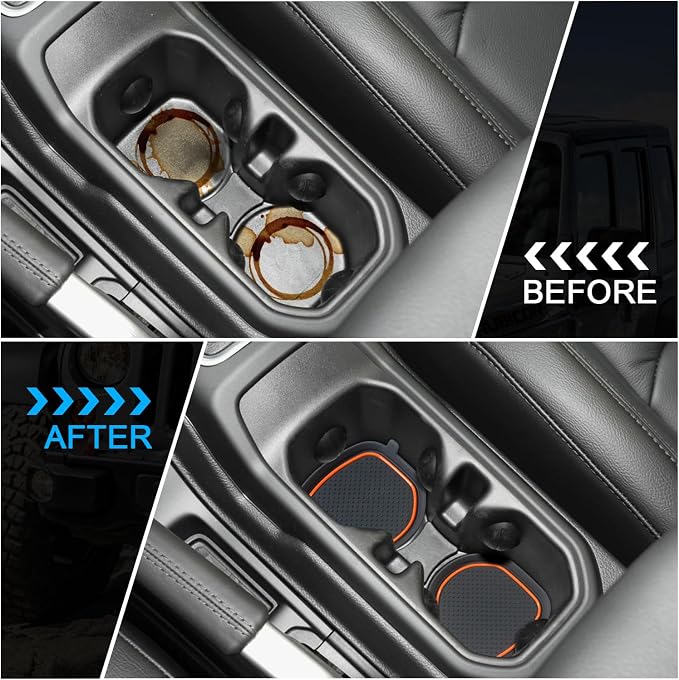 Cup Holder Coaster for Wrangler JL JLU 2018-2025 2026 Wrangler Accessories | for Gladiator JT 2020-2026 Silicone Cup Inserts, Interior Mats Pad, 4-pcs Set, for Deep Rear Cup Holders, Orange Trim