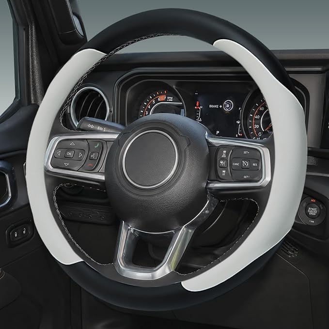 Yangday Leather Steering Wheel Cover for Jeep Wrangler Grand Cherokee Compass, 14.5-15 inches Car Steering Wheel Cover with Non-Slip Breathable (White)