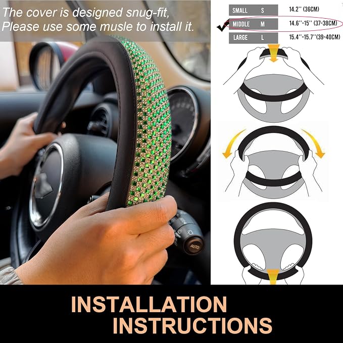 PINCTROT Bling Bling Comfy Steering Wheel Cover with Jumbo Crystal Rhinestones, Anti-Slip Diamond Leather, Universal 15 Inch (Vivid Green)