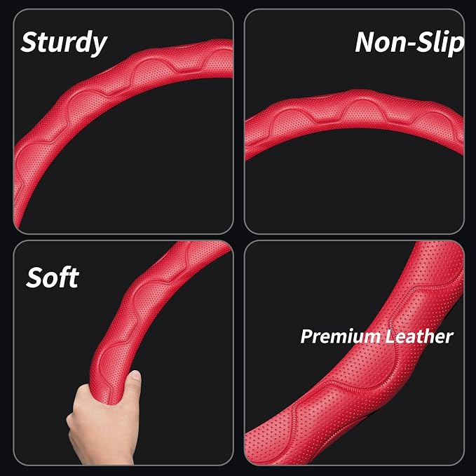 Steering Wheel Cover with Anti-Slip Leather Grip Compatible with Ford, Toyota, Honda, Nissan, and Chevrolet Vehicles for 14.5-15.35 inch Round Steering Wheels Universal Car Accessories