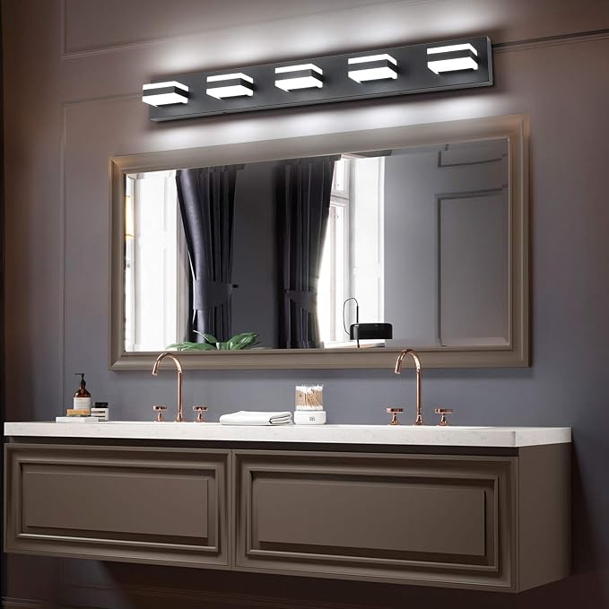 SOLFART Black Bathroom Vanity Lights Over Mirror Dimmable LED Modern Black Bathroom Lighting Bath Wall Lighting S8568 (5 Lights) ETL Listed