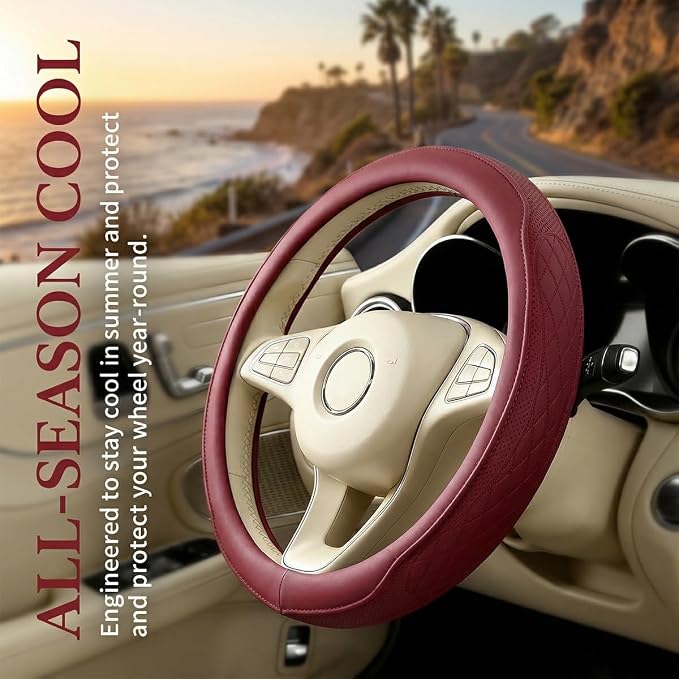 Car Steering Wheel Cover, Breathable Anti-Slip Vehicle Steering Wheel Protector with Inner Ring, Automotive Interior Protective Accessories, Universal for SUV RV Truck (Red)