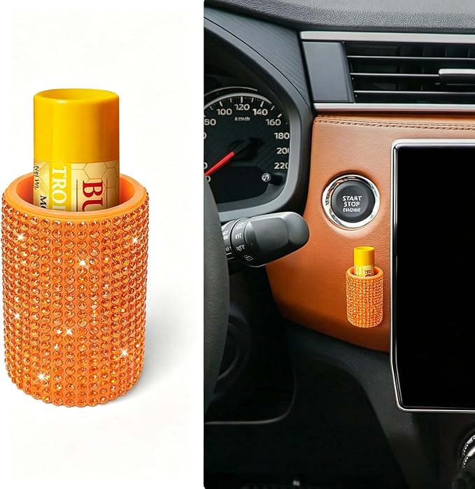 Upright Car Chapstick Holder, Bling Insulating Lip Balm Holder,Rhinestone Car Accessories for Women Interior ,Suitable for Most Vehicles. (Orange)