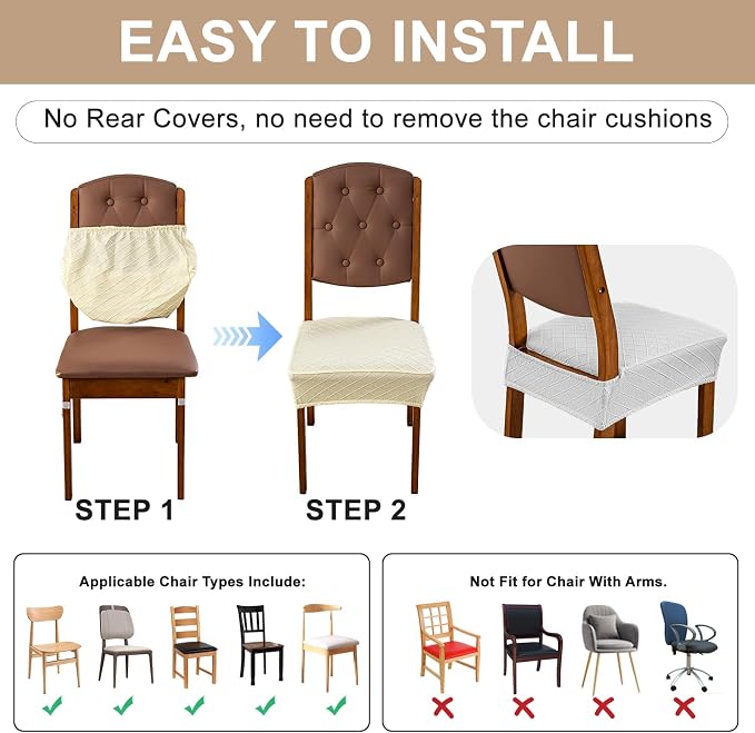 Genina Waterproof Seat Covers for Dining Room Chairs Covers Dining Chair Slipcovers Protector, No Rear Covers (White, 6 Pcs)