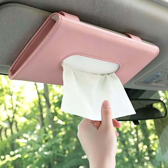 Car Tissue Holder, Car Sun Visor Napkin Box, Premium PU Leather, Auto Napkin Case, Mask Holder for Vehicle, with Tissue Refill, Interior Accessories, Pink