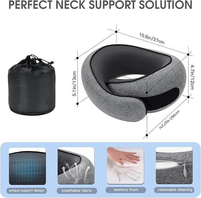 Neck Travel Pillows for Airplanes Memory Foam Neck Comfort Pillow Compact Ergonomic Design Sleeping Essentials for Long Flights Car Rides and Home Use (Grey)