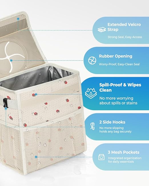 Corduroy Car Trash Can with Lid and Mesh Pockets - Leakproof Organizer,Multipurpose Waterproof Garbage Can/Trash Bin for Car(Off-White Base with Red Strawberry Print-2 Gallons)