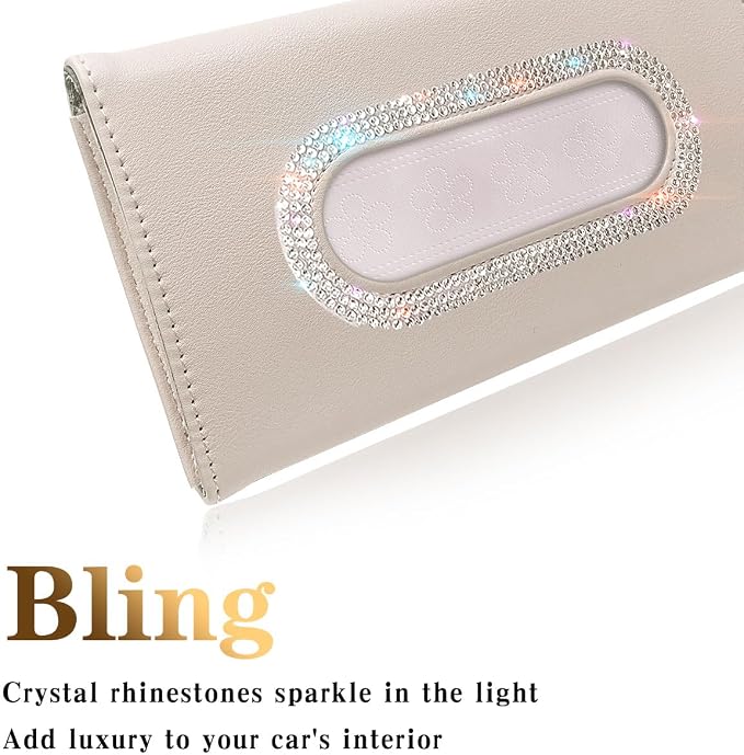 Bling Car Visor Tissue Holder, Diamond Mask Holder, PU Leather Tissue Box Holder, Wipes Case, Sun Visor Napkin Holder (White)