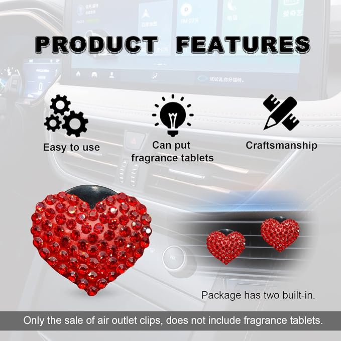 2Pcs Car Air Vent Clip, Bling Crystal Heart Charms Car Air Vent Clips, Air Conditioning Outlet Clip Decorative, Interior Decoration Accessories Universal for Women and Man (Red)