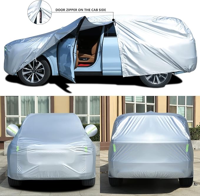 Tecoom Light Shell Breathable Material Classic Zipper Design Waterproof UV-Proof Windproof Car Cover with Storage and Lock for All Weather Indoor Outdoor Fit 191-205 Inches SUV