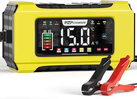 PZP 15-Amp 12V/24V Smart Battery Charger, Maintainer & Trickle Charger for LiFePO4, Lead Acid Batteries - Fully Automatic 9-Stage Charging w/Temp Compensation for Motorcycle Car Truck Lawnmower Boat