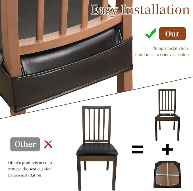 Waterproof Dining Chair Seat Covers Leather Kitchen Seat Covers, Stain Resistant Stretch Chair Seat Covers for Dining Room Chairs Set of 6, Rear Covered Washable Dining Chair Covers Black