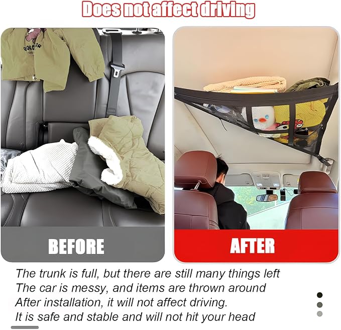 Car Ceiling Cargo Net Pocket, Double-Layer Mesh Strengthen Load Bearing Vehicle Roof Storage Organizer, Auto Interior Cargo Net with Zip Seal, Compatible with Three Handles Vehicle (Beige)